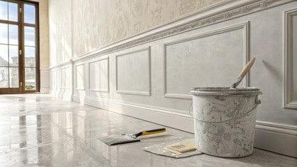Fototapete - The focus on a freshly plastered wall that reflects light beautifully with a bucket of plaster mix and a spatula resting nearby hinting at the recent renovation effort.