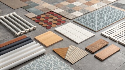 Aufkleber - The floor is a tactile mosaic of renovation elements featuring unassembled radiator parts color swatches and other building materials intermingled in a work in progress.