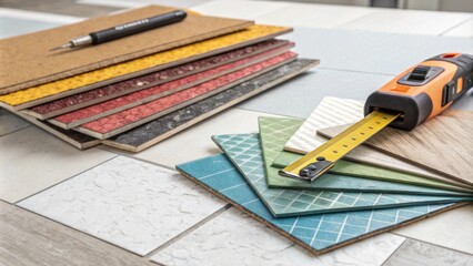Aufkleber -  the focus is on a stack of colorful vinyl tiles next to an open utility knife suggesting an upcoming installation project.
