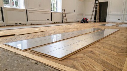 Poster - The flooring devoid of any coverings showcases the raw unfinished look of the space setting the stage for the elegant installation of reflective panels.