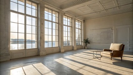 Leinwandbilder - Soft beams of sunlight filter through large clear windows casting gentle shadows on an empty room that showcases a minimalist aesthetic.