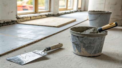 Poster -  smoothing tools like a putty knife and a small bucket are visibly p on the floor.