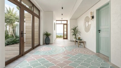 Poster - Soft pastel tiles arranged in a wave pattern create a calm and serene entryway ambiance enhanced by airy lighting and minimalist decor.