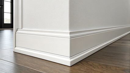 Poster - Smooth modern baseboards bordering a stark white wall providing a sleek finishing touch to this minimalist design.