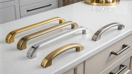 Poster - Recessed cabinet handles in a mix of polished chrome and satin brass positioned artistically in a curve on a white quartz countertop exuding a contemporary vibe.