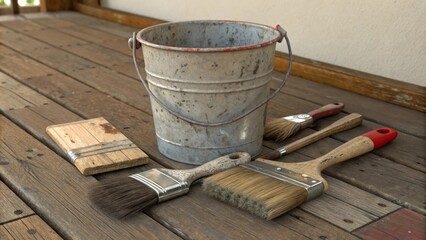 Poster -  next to it an assortment of brushes and an empty bucket hint at further work to come.