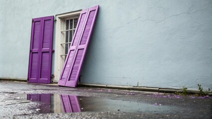 Poster - Newly painted shutters in a bold violet shade leaning against a light gray wall with a small puddle of water sparkling in the foreground.