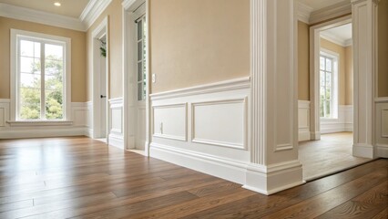 Poster - Newly installed baseboards hugging the corners of a spacious room with a light beige wall contributing to a cozy and inviting atmosphere.