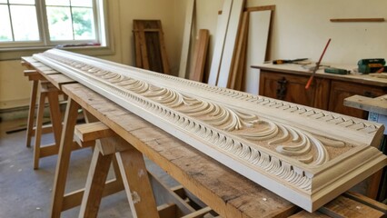 Poster - Molding strips in elegant curves and lines p on a saw horse with a soft natural light filtering through a nearby window illuminating their craftsmanship.