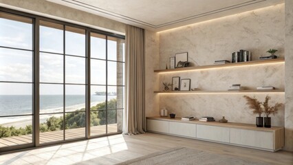 Aufkleber - Light streams through a large window illuminating a blank wall adorned with subtle texture providing the perfect backdrop for minimalist shelving.