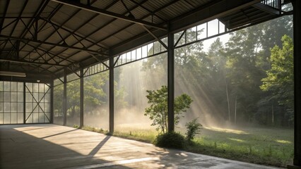 Poster - Light filters through an open section of the steel frame illuminating the dust motes in the air while providing a glimpse of the outdoor greenery beyond.