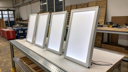 Poster - Grouping of ecofriendly LED light panels arranged side by side on a workbench showcasing their thin profiles and modern aesthetic.