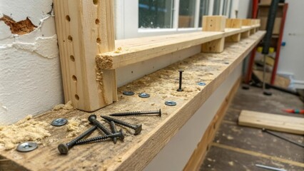 Poster - Closeup of unfinished shelf supports some splintered and rough with an assortment of screws and nails lying beside a partially painted wall.