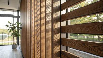 Aufkleber - Closeup of the wooden slats arranged vertically revealing the unique grain patterns and textures partially illuminated by natural sunlight filtering through a nearby window.