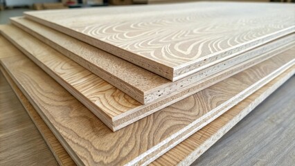 Poster - Closeup of a stack of unused laminate boards the texture of the surface highlighted by soft shadows and light displaying intricate patterns of faux wood.