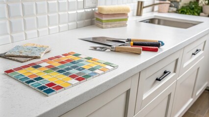 Aufkleber - Closeup of a pristine white countertop with a few tered tools and adhesive while vibrant mosaic tiles rest in a neat pile hinting at an unfinished backsplash.
