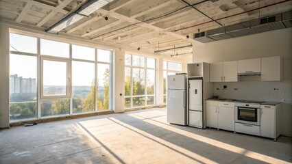 Aufkleber - Bright natural light streams in through a large window illuminating the unfinished space where appliances are yet to be set up.