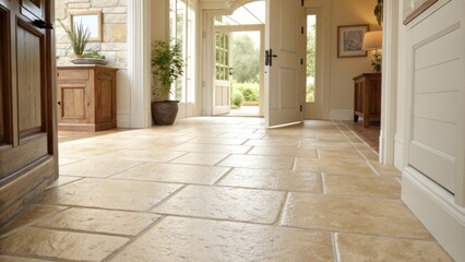 Poster - Bright natural light floods into an entryway with smooth light beige tiles. The freshly grouted seams perfectly complement the soft tones creating a welcoming atmosphere.