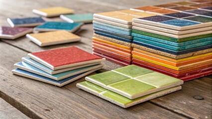 Poster - Brightly colored backsplash tiles carefully packed in stacks each tile catching the light in a different way arranged on a rustic table surface.