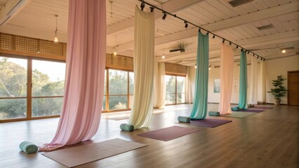 Aufkleber - A yoga studio is defined by soft fabric sliding curtains on a ceiling track creating a tranquil atmosphere while allowing for privacy when needed.