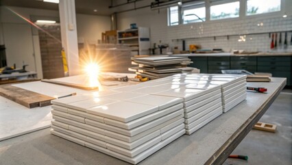 Aufkleber - A workshop scene with a bright light illuminating a pile of pristine white tiles reflecting off their glossy surfaces as they await their turn for installation in a modern kitchen.