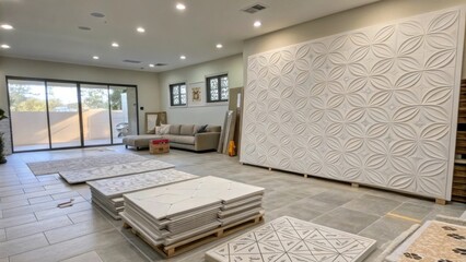 Aufkleber - A wide shot of a living space featuring a wall prepared with white adhesive with large format tiles stacked artistically on the floor ready for installation.