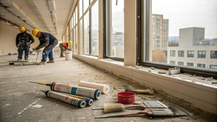 Poster - A wide shot of a construction scene showcasing caulking tubes near a window frame tered dust and paintbrushes dot the floor.