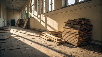 Aufkleber - A wide shot capturing a disorganized stack of wooden remnants against a wall with the sunlight casting interesting shadows on the floor.
