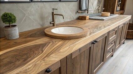 Fototapete - A wide expanse of natural wood grain countertop showcasing rich textures and colors featuring a small circular out indicating the future location of a sleek modern sink.