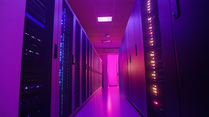 Poster - a server room with rows of servers lit by pink and blue neon lights.