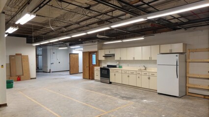 Poster - A wideopen kitchen with a sense of potential characterized by an unfinished look and fluorescent lights with sharp lines drawn around the areas for a range and refrigerator.
