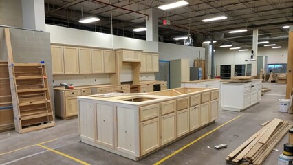 Poster - A wider view of a kitchen space where the unfinished island frame is positioned in the center surrounded by raw materials and stacked cabinetry awaiting installation.