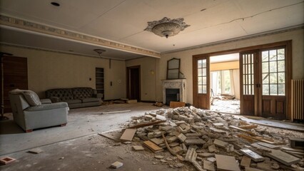 Leinwandbilder - A wideangle shot of a living room showcasing a large pile of drywall scraps collecting dust with remnants of construction materials spread across the surface.
