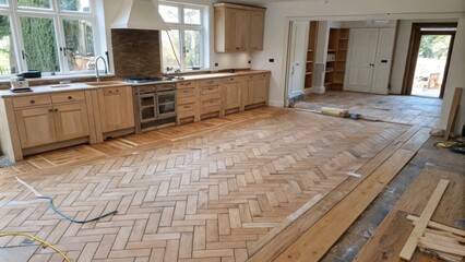 Aufkleber - A wideangle shot of a kitchen area showing a herringbone tile floor in progress with exposed floorboards and unfinished cabinetry surrounding it.