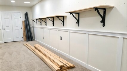 Aufkleber - A white wall featuring a series of floating shelf brackets lined up for installation with a small stack of raw wood planks next to them.