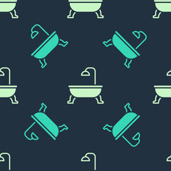 Wall Mural - Green and beige Bathtub icon isolated seamless pattern on blue background. Vector