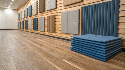 Aufkleber - A warmtoned wooden floor above which lie neatly stacked acoustic panels in shades of blue and gray creating a calming visual effect.