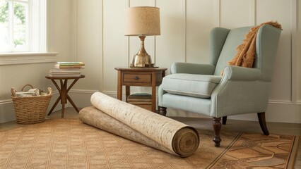 Aufkleber - A warmtoned cork flooring roll leans in a cozy nook paired with a vintage armchair and a small side table creating a perfect reading spot.