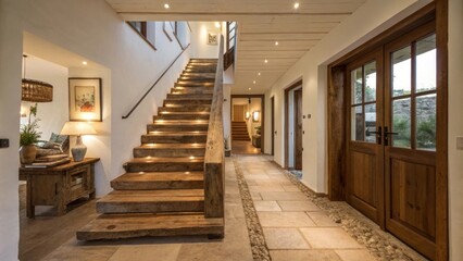 Poster - A welllit corridor connecting various rooms where the floating staircase ascends gracefully featuring treads made from reclaimed wood for a touch of rustic charm.