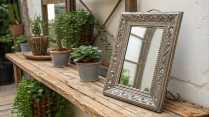 Poster - A vintagestyle rectangular mirror with an ornate metal frame rests on a reclaimed wood shelf surrounded by potted greenery creating a rustic aesthetic.