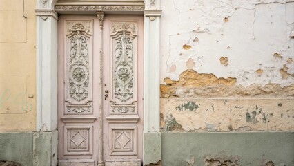 Poster - A vintage door with ornate carvings one side freshly painted in a soft pastel hue leaning against a pale peeling wall adorned with remnants of old wallpaper.