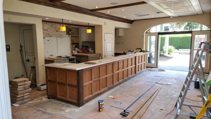 Poster - A view from the kitchen entrance highlighting the unfinished bar counter as a focal point with construction debris and a partiallyinstalled backer board behind it.