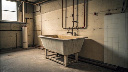 Aufkleber - A view capturing a large unfinished utility sink sitting alone against an unpainted wall pipes exposed and unconnected.