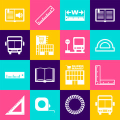 Poster - set bus, folding ruler, protractor grid, measuring height and length, mall supermarket building, aud