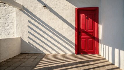 Aufkleber - A vibrant red door slightly ajar leans against a stark white wall with shadows playing across the floor in the afternoon light.