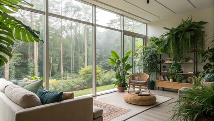 Poster - A vibrant living room filled with greenery featuring a floortoceiling window with protective film emphasizing the seamless connection between indoor and outdoor spaces.
