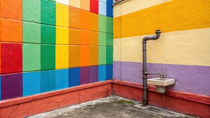 Poster - A vibrant corner with a colorful patchwork of paint swatches on the wall and a single plumbing pipe sticking out indicating a future wallmounted sink location.