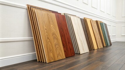 Aufkleber - A vibrant collection of laminate flooring boards in warm beige tones sitting against a stark white wall creating a striking contrast and inviting a modern aesthetic.