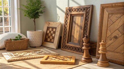 Poster - A vibrant collage of wooden trim parts in a cozy corner illuminated by soft natural light highlighting the textures and imperfections of each piece.