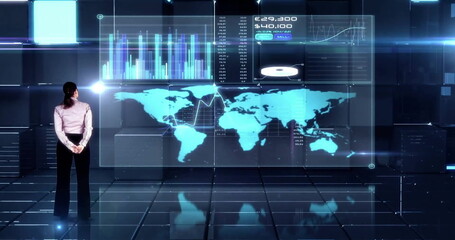 Aufkleber - Image of caucasian woman touching digital screen with data processing on black background